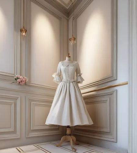 a dress is standing on a stand in a room,enfilade,kawakubo,crinolines,doll dress,dior,armoire,lvmh,white room,sacristy,courreges,dress shop,schiaparelli,dress doll,haute couture,sylphide,toile,wedding