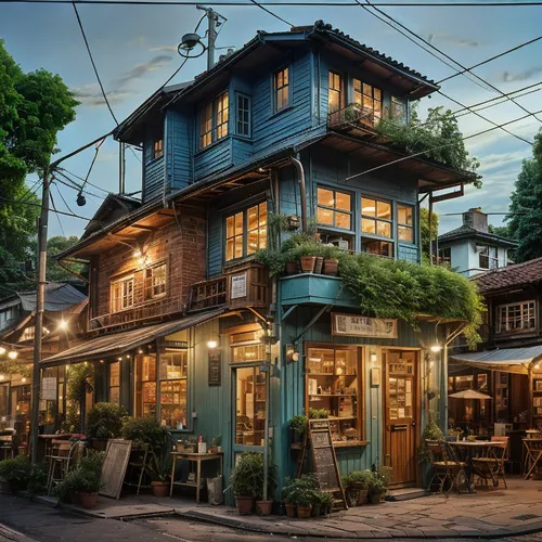 From left to right, the camera moves slowly,the building is blue and has a green roof,azabu,enoshima,namsan hanok village,wooden houses,izakaya,zakka