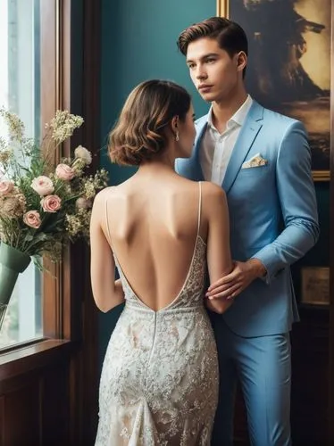 Create an elegant couple in love that will show off your best work.,a young couple is standing by the window,vintage man and woman,wedding suit,wedding photo,elopement,wedding dresses,wedding couple,P