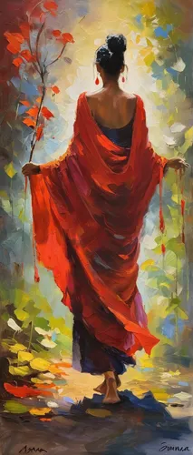 Describe a powerful and mysterious character known as Mana Sama.,woman walking,red cape,man in red dress,woman playing,girl with cloth,flamenco,throwing leaves,girl in cloth,girl walking away,oil pain