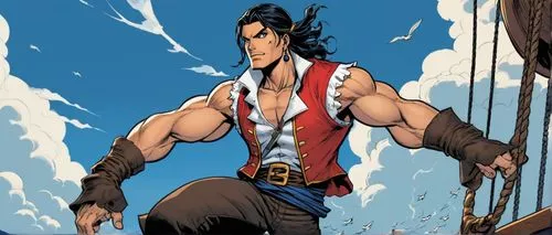 Male, muscular, pirate, one-piece costume, red vest, white shirt, blue pants, black boots, bandana, scars on face, strong jawline, piercing brown eyes, spiky black hair, confident posture, standing on