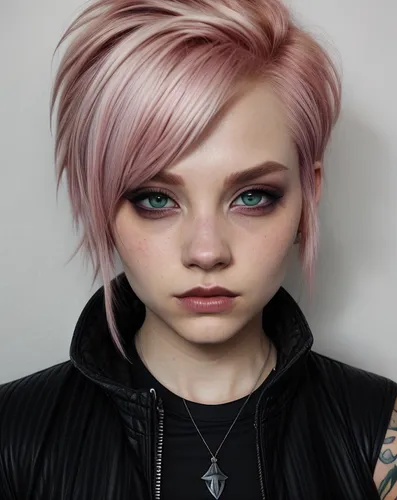 The Character Vi from the Series arcane, animated, , League of Legends, short pink hair, Undercut Hairstyle, Nummer VI tattoo under the left eye, small browscar, small lipscar, ,punk,pixie-bob,pink ha