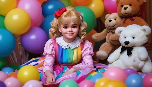 Chucky Tiffany, cute cartoon character, blonde hair, blue eyes, sweet smile, pink dress, white socks, black Mary Jane shoes, sitting on a pile of colorful toys, surrounded by teddy bears, rainbow ball