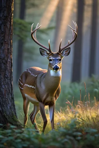 white-tailed deer, realistic fur texture, glossy eyes, antlers, grazing posture, forest background, early morning mist, soft sunlight filtering through trees, naturalistic colors, detailed grass, sere