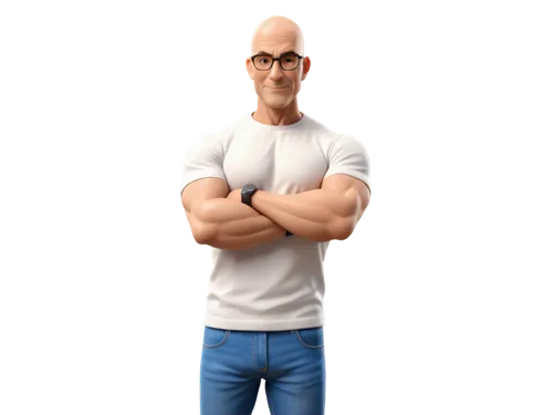 bald head, wrinkled skin, aged face, senior man, muscular arms, strong chest, simple white shirt, blue jeans, standing, confident pose, natural light, soft focus, shallow depth of field, warm color to