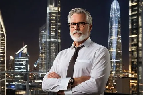 By Design, modern architectural office, Bruce Butler, middle-aged male architect, glasses, grey hair, beard, formal attire, white shirt, dark trousers, leather belt, holding blueprints, standing in fr