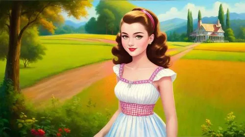 Romantic masterpiece oil painting, cute girl in short dress portrait, nostalgic 1950's style kitsch, southern plantation landscape, lush farmland scenery, by Thomas Kinkade, by Bob Ross,anarkali,fawzi