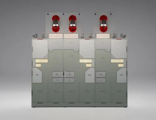 two red lights are on an over sized wall,switchgear,contactors,rectifiers,substations,subcabinet,viessmann,contactor,arresters,voltage regulator,substation,attenuators,electricity transformer,tankless