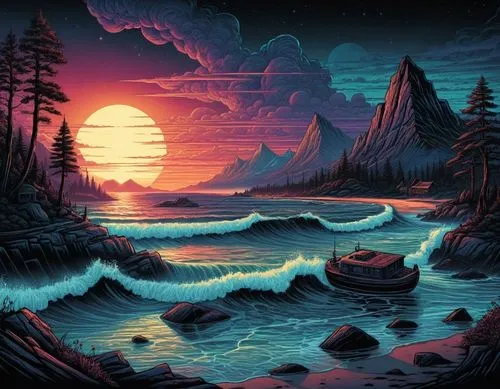 the painting is a sunset with mountains, and boat on waves,lagoon,futuristic landscape,fantasy landscape,boat landscape,lunar landscape,beautiful wallpaper,Illustration,Realistic Fantasy,Realistic Fan