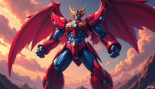 UlforceVeedramon,a man with wings that has a big red winged like creature in the background,mazinkaiser,gurren,grendizer,voltes,cynosbatos,predaking