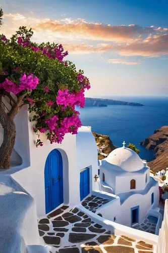 Santorini Greece, whitewashed houses, blue-domed churches, narrow cobblestone streets, steep cliffs, caldera views, Aegean Sea, traditional Greek architecture, romantic alleys, ornate doorways, vibran