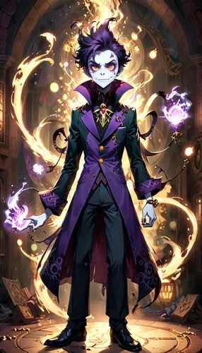 masquerade,magician,magus,dodge warlock,count,ironweed,phantom,joker,psychic vampire,male mask killer,wiz,cheshire,rich purple,corvin,shen,magistrate,suit of spades,magic grimoire,undead warlock,ringmaster,Anime,Anime,Cartoon