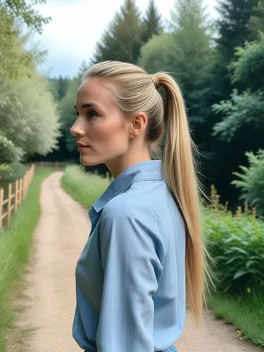 The picture shows a person with long, blond hair tied back in a high ponytail, standing barefoot outdoors in a wooded area. In the background are trees, bushes and a hint of a small fence in the middl