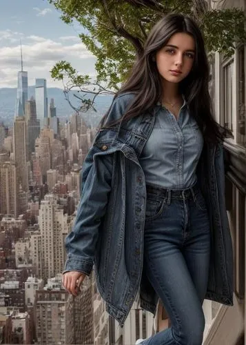 a young beautiful caucasian girl 23 years old black hair wearing a blue blouse and jeans stand up in a balcony in the New York city buildings and mountains as background in 4k,denim,denim background,j