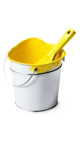 Bright yellow paint bucket, cartoon style, rounded shape, white handle, shiny metal rim, colorful paint splatters, tilted posture, spilled paint trail, glossy finish, soft lighting, 3/4 composition, v