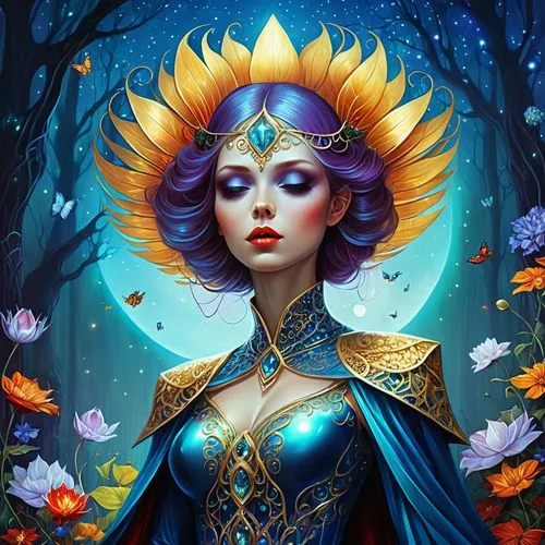 fantasy portrait,fantasy art,blue enchantress,fairy peacock,golden crown,flora,fantasy picture,queen of the night,fantasy woman,elven flower,monarch,sorceress,mystical portrait of a girl,fantasia,fairy queen,priestess,celestial chrysanthemum,faerie,jaya,the enchantress,Conceptual Art,Fantasy,Fantasy 06