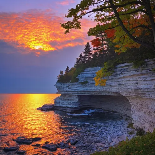 sunrise at cave point county park in door county, wisconsin,lake superior,great lakes,mackinac island,lake ontario,cliffs ocean,split rock,coastal landscape,upper michigan,wisconsin,limestone cliff,on