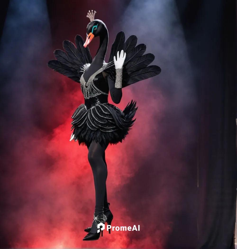 A black swan costume for The Masked Singer. Show both arms.,black swan,great as a stilt performer,neo-burlesque,flamenco,black angel,mourning swan,crow queen,burlesque,performer,showgirl,cabaret,dress