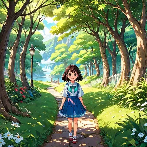 studio ghibli,forest walk,walk in a park,walk,forest path,springtime background,in the forest,stroll,forest road,tree lined path,walking,spring background,japanese sakura background,strolling,trail,forest background,sakura background,miku maekawa,child in park,pathway,Anime,Anime,Traditional