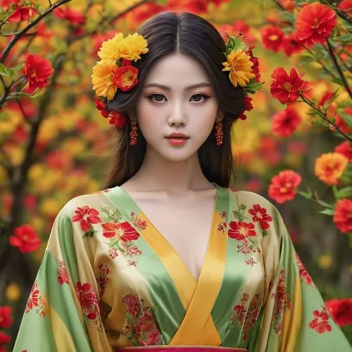 Cuerpo entero chivi japonesa muy bella ojos preciosos simetricos redondos. Inspirada en Mate Batch 👉🌿un vestido suelto y multicolor con tonos de amarillo, naranja, rojo y verde que se asemejan a los