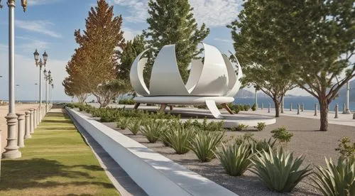 a landscaped park with palm trees, shrubs and sculptures,mamaia,mangalia,k13 submarine memorial park,jesolo,viareggio,lido di ostia,Photography,General,Realistic