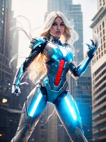 iron woman, beautiful, blond hair, silver and white, white, perfect, silver and white technological armor, with details of blue, cinema image, high quality, in a modern city, new york,,nova,super hero