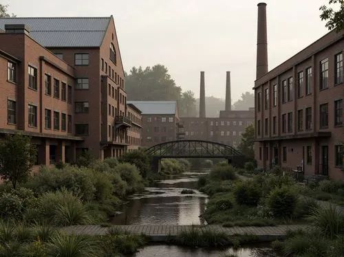 Industrial factory complex, rustic brick buildings, corrugated metal roofs, worn concrete walls, vintage machinery, abandoned chimneys, overgrown vegetation, wildflowers, meandering streams, misty atm