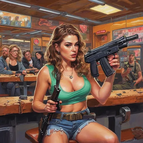 Write a humorous scene at a shooting range where an inexperienced person tries to handle an Uzi gun.,girl with gun,girl with a gun,woman holding gun,ammo,kalashnikov,holding a gun,firearms,hard woman,