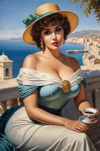 woman drinking coffee,woman with ice-cream,woman at cafe,girl with cereal bowl,lavazza,art deco woman,capri,italian painter,petrossian,café au lait,woman holding pie,venetians,cappuccio,tretchikoff,gondolier,taormina,cappuccini,sicilian,aegina,mediterraneo,Art,Classical Oil Painting,Classical Oil Painting 02