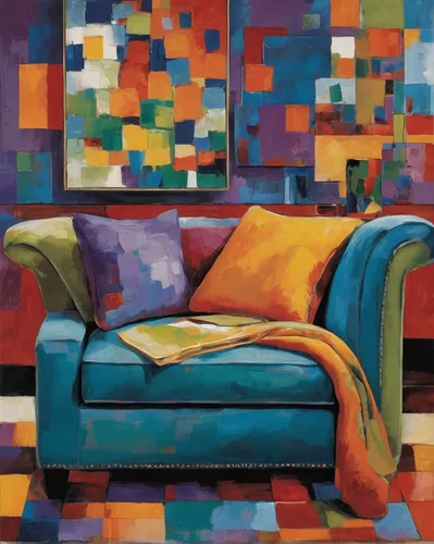 studio couch,armchair,sofa cushions,sofa set,sofa,abstract painting,couch,quilt,settee,slipcover,oil painting on canvas,upholstery,oil on canvas,loveseat,throw pillow,chaise lounge,palette,chaise,patchwork,fabric painting,Conceptual Art,Oil color,Oil Color 25