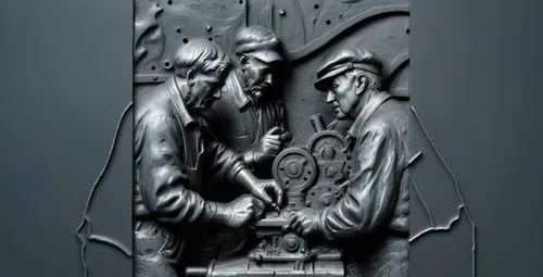 Draw a bas-relief. Depict elderly men, 60-70 years old, working at lathes in a factory, machining shells for tanks. They are wearing work overalls with their heads uncovered, no caps or headgear. The 