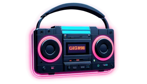 Retro cassette tape, pixel art style, colorful buttons, glossy surface, 3D rendered, musical notes swirling around, headphones on top, vibrant neon lights, futuristic dashboard, low poly design, close