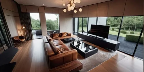 modern villa living room, minimalist, dark, larg window, reflective,a spacious modern home living room with large windows,minotti,interior modern design,modern living room,luxury home interior,contemp