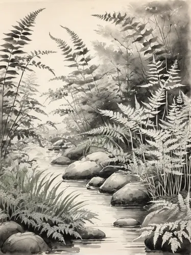 ferns and horsetails,brook landscape,pond plants,ferns,bamboo plants,tree ferns,river landscape,cool woodblock images,japanese wave paper,aquatic plants,water plants,junshan yinzhen,japanese garden ornament,forest landscape,japanese art,lithograph,araucaria,sake gardens,mountain scene,spruce-fir forest,Illustration,Paper based,Paper Based 30