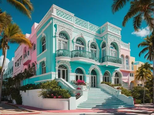 South Beach Miami, art deco building, pastel colors, ornate details, curved lines, geometric patterns, luxurious facade, tropical palm trees, sunny day, blue sky, white puffy clouds, vibrant bougainvi