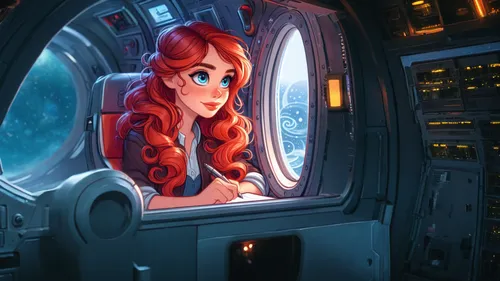 Everything is inside the spaceship. Everyone is preparing for takeoff.,cg artwork,asuka langley soryu,sci fiction illustration,space tourism,passengers,cockpit,darth talon,porthole,lost in space,starf