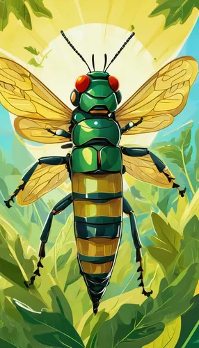 Imagine an oak sawfly larva happily munching on fresh oak leaves in a sunny meadow.,cicada,bee,drone bee,drawing bee,western honey bee,sawfly,wild bee,chrysops,blister beetles,carpenter bee,giant bumb