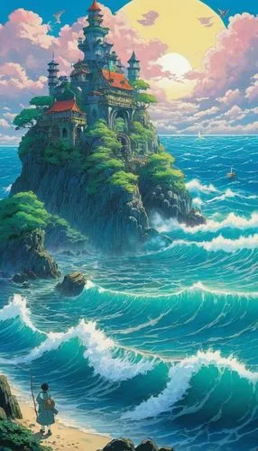 Magical sea in a fantasy world,the art print is of an island surrounded by water,miramare,sea landscape,yamatai,studio ghibli,ghibli,sea fantasy,Illustration,Japanese style,Japanese Style 14