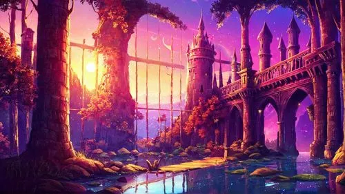 an artwork work depicting fantasy scenery with bridge and pond,fantasy landscape,cartoon video game background,fairy world,fantasy picture,fairy forest,background design,Conceptual Art,Fantasy,Fantasy