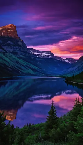 A nightscape scene at Linnet Lake area in Waterton Lakes National Park, looking east over Upper Waterton Lake and toward Vimy Pe,glacier national park,purple landscape,swiftcurrent lake,bow lake,beaut