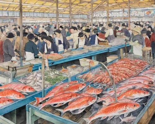 Describe a lively scene at Walter's Fish Market.,fish market,the market,large market,fish supply,fishmonger,market,seafood counter,fresh fish,namdaemun market,fish products,aquaculture,koi carps,upper