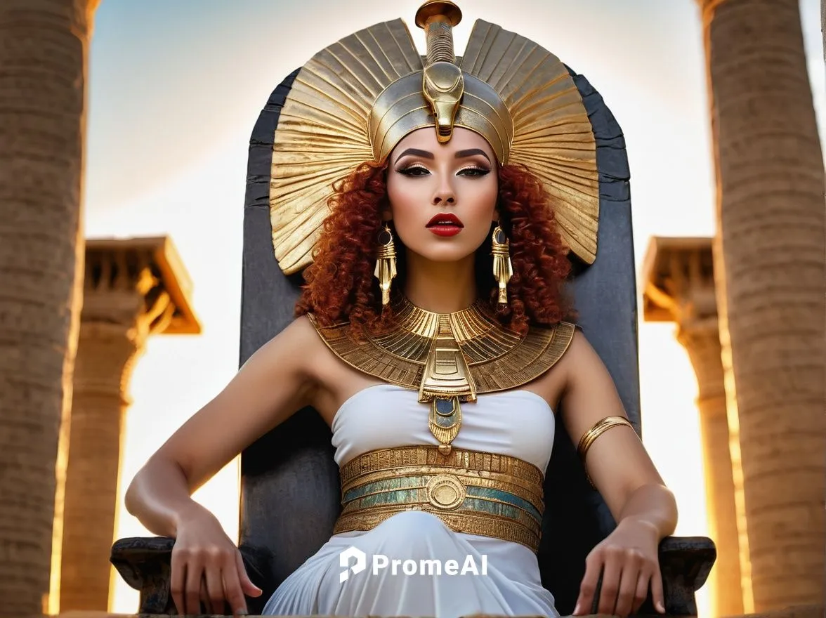 Egyptian queen, Cleopatra, redhead, regal, powerful, elegant, intricate ancient Egyptian headdress, golden jewelry, bold red lips, dramatic eye makeup, luscious curly hair, flowing white and gold toga