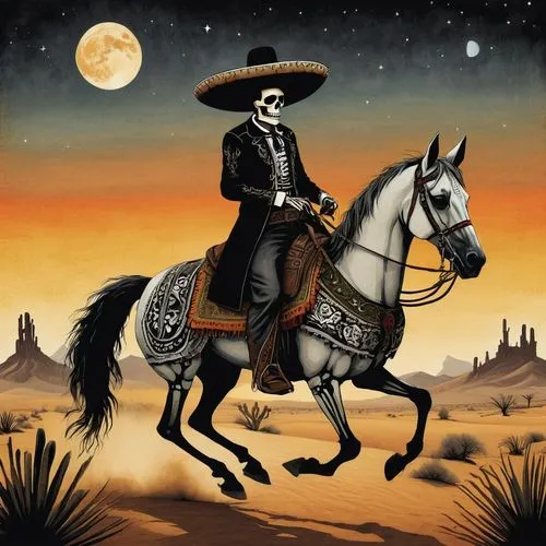 A skeletal figure, dressed in a traditional Mexican charro outfit, rides a skeletal horse through a desolate desert landscape. He holds a smoking pistol in one hand and a second pistol at his side, hi