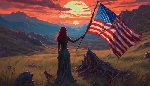 American woman with waving flag portrait in grassy mountain landscape at sunset,flag day (usa),america,american frontier,patriotism,united states of america,us flag,patriot,united state,usa,american f