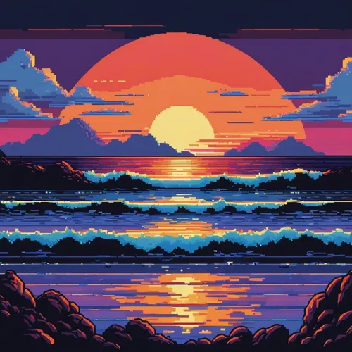 coast sunset,pixel art,ocean,sea,retro background,sunset,dusk,pacific,sunset beach,ocean background,retro styled,80's design,sea ocean,ocean view,horizon,coast,coastline,sunset glow,kauai,ocean paradise,Illustration,Vector,Vector 11