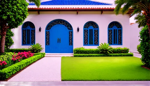 blue doors,majorelle blue,blue door,bermuda,villa,bungalow,miniature house,florida home,masjid,colorful facade,hacienda,model house,green lawn,santa barbara,cabana,city mosque,djerba,house painting,holiday villa,hala sultan tekke,Illustration,Japanese style,Japanese Style 20