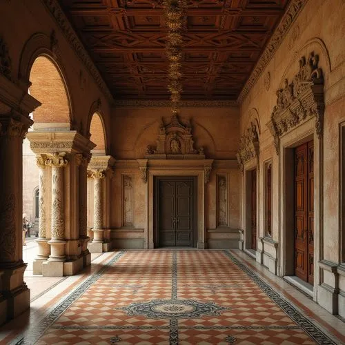 Renaissance-style palazzo, ornate stone carvings, rustic brick facades, intricately patterned terracotta tiles, aged wooden doors, distressed metal hardware, lavish marble floors, ornamental gilded de