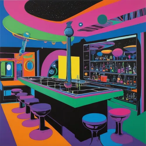 neon cocktails,neon drinks,ufo interior,neon coffee,retro diner,liquor bar,neon candies,unique bar,neon light drinks,black light,80s,piano bar,bistro,soda fountain,soda shop,bartender,rosa cantina,bar counter,diner,pop art colors,Art,Artistic Painting,Artistic Painting 23