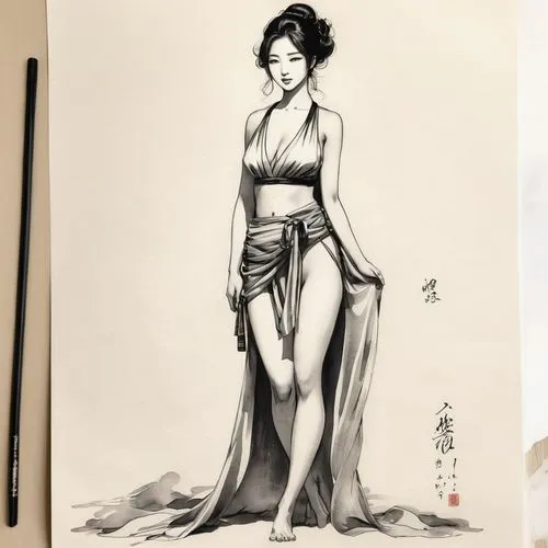 japanese woman,geisha girl,xiaofei,geisha,utamaro,cheongsam,japanese art,geiko,oriental painting,oriental girl,ink painting,maiko,daiyu,girl in a long dress,baishi,fashion sketch,jiaozhi,xiaohua,vintage drawing,yangmei,Illustration,Paper based,Paper Based 30