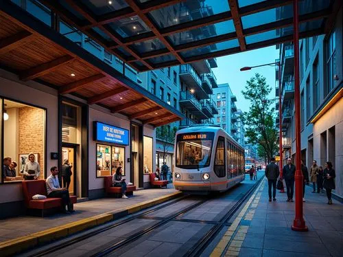 Vibrant tram station, urban cityscape, bustling streets, modern architecture, industrial materials, steel beams, concrete walls, glass roofs, neon lights, bold color scheme, bright blues, warm oranges